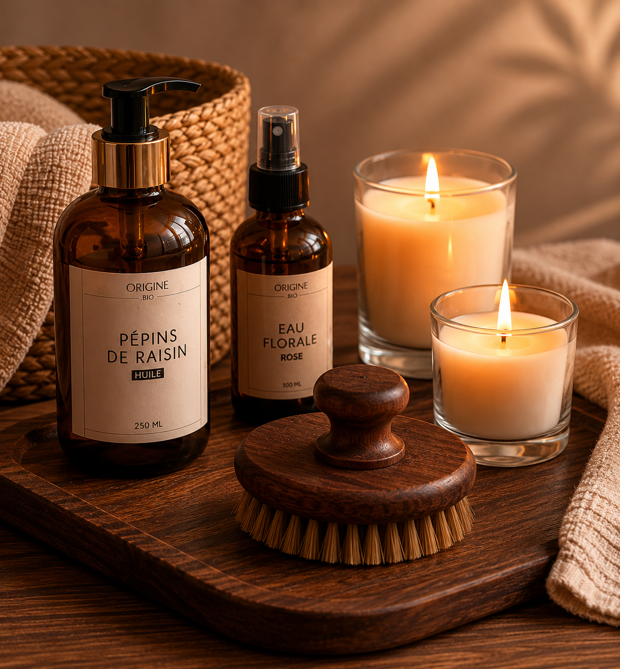 Huiles et brosse gommage. Exfoliation et peau douce , oxygénée