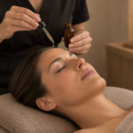 Massage visage doux avec l'huile précieuse. Détente visage, muscles, liftant, oxygénant